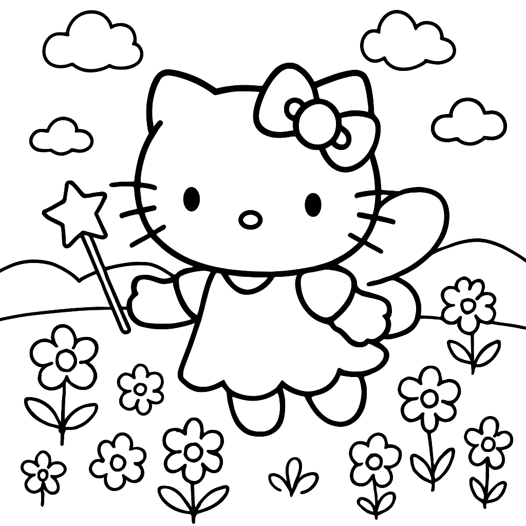 Hello Kitty dressed as a fairy in a flower meadow
